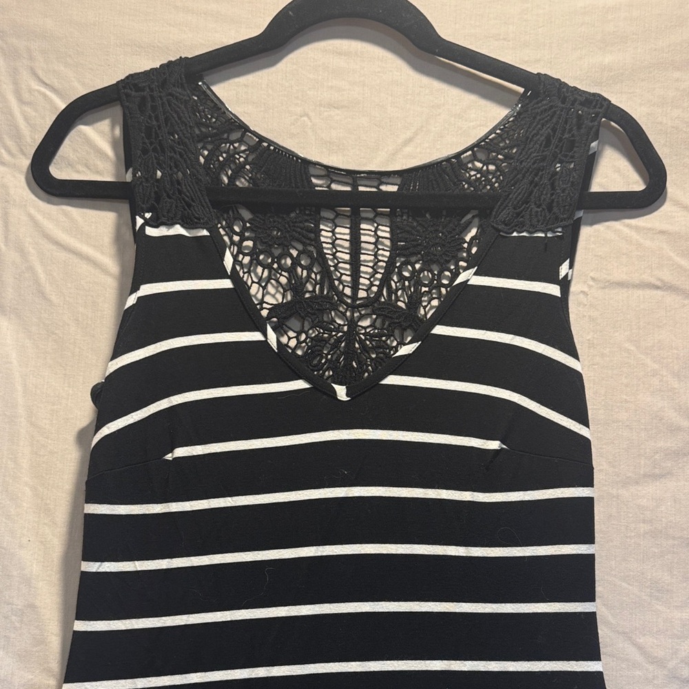 Cache Black and White Striped Maxi Dress with Lace back Detail Size S